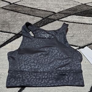 ALLFENIX BLACK LIQUID LEO CHEETAH ANTHROPOLOGIE RACERBACK LINED SPORTS BRA